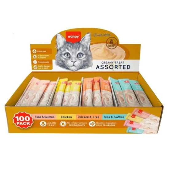 Wanpy Cat Creamy Lickable Treats for Cats - Chicken, Tuna, Salmon, Crab 100x14g