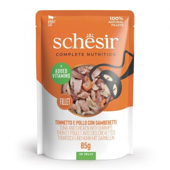 Schesir Complete&Balanced kesica za mačke - Tuna, piletina i škampi u želeu 85g