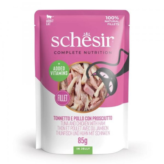 Schesir Complete&Balanced kesica za mačke - Tuna, piletina i šunka u želeu 85g