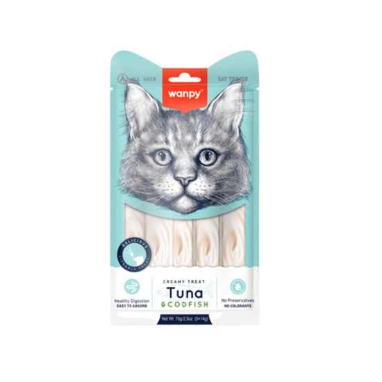Wanpy Creamy Lickable Treats for Cats - Tuna & Bakalar 5x14g