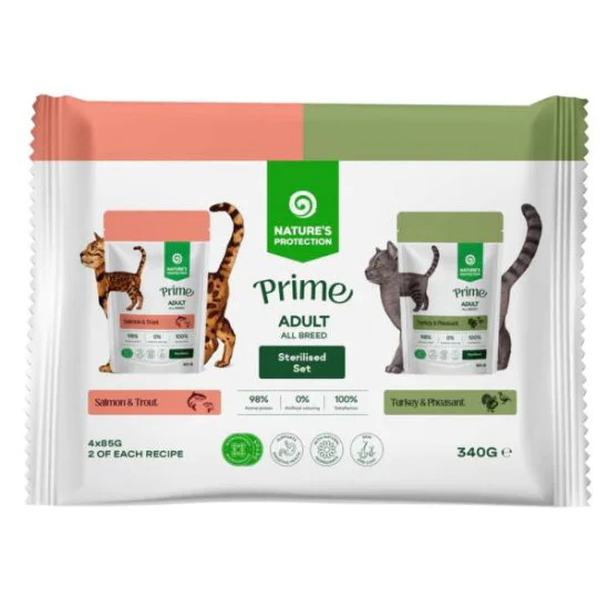 Nature's Protection Prime sos za mačke - Multipack Adult Sterilised Salmon&Trout and Turkey,Pheasant&Cranberries 4x85g