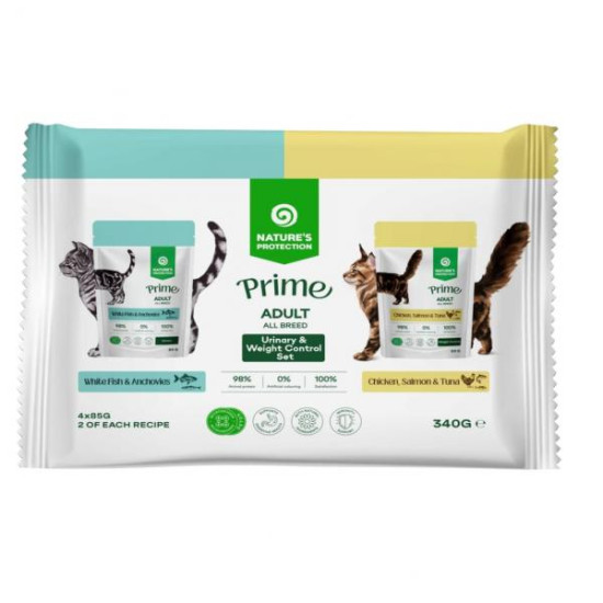 Nature's Protection Prime sos za mačke - Multipack Adult Urinary White Fish, Anchovies & Cranberries and Weight Control Chicken, Salmon & Tuna 4x85g