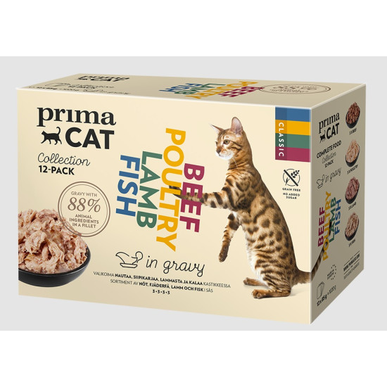 Prima Cat sos za mačke Multipack in gravy - Beef, poultry, lamb and fish 12x85g
