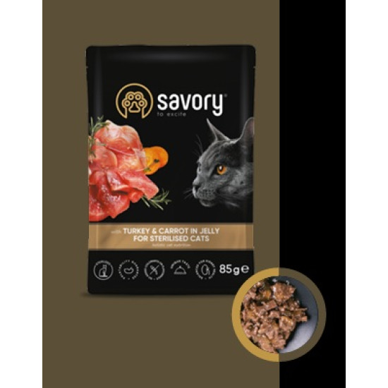 Savory cat kesica za mačke Adult Sterilised - Ćuretina i šargarepa u želeu 22x85g