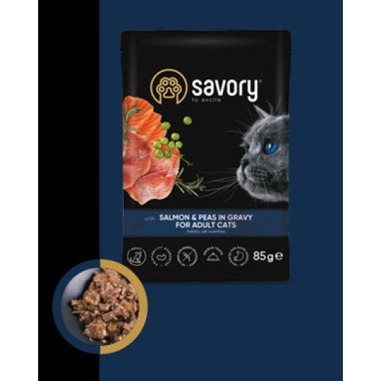 Savory cat kesica za mačke Adult - Losos i grašak u sosu 22x85g