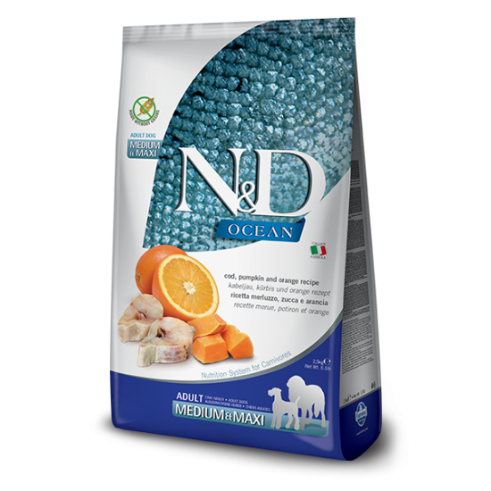 N&D Ocean hrana za pse Adult Medium&Maxi - Bakalar, Bundeva i narandža 12kg